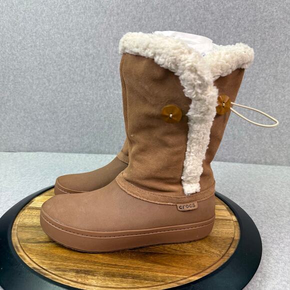 Crocs Modessa Winter Tall Boot Women’s 8 Faux Suede Brown Button Comfort Shoes - Picture 3 of 7